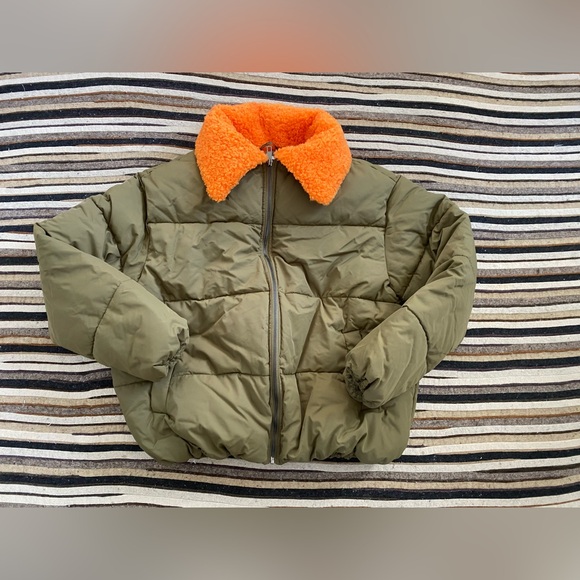 New Urban Outfitters Duckie Faux Shearling Collar Puffer Jacket- Army Green - Picture 3 of 7